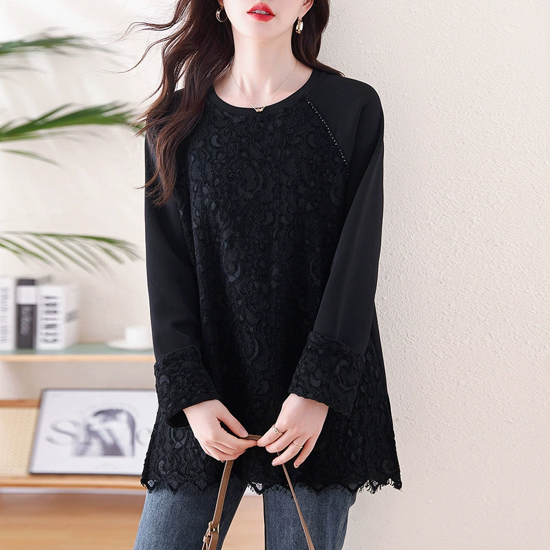 2025 новый стиль большой размер женской одежды темперамент кружевное сшивание бусины свитер женский весенний европейский черный топ