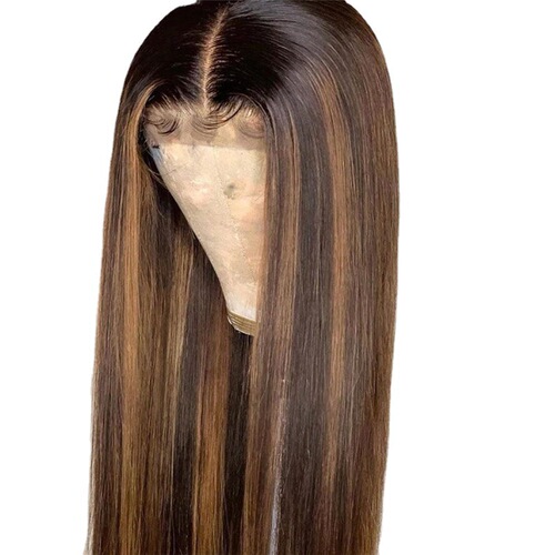 AliExpress new product wig for women European and American fashion gradient color mid-part highlight dyed long straight hair brown gold chemical fiber wig for women