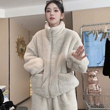 睡衣女士秋冬珊瑚加绒保暖中等厚套装拉链休闲家居服可外情侣高领