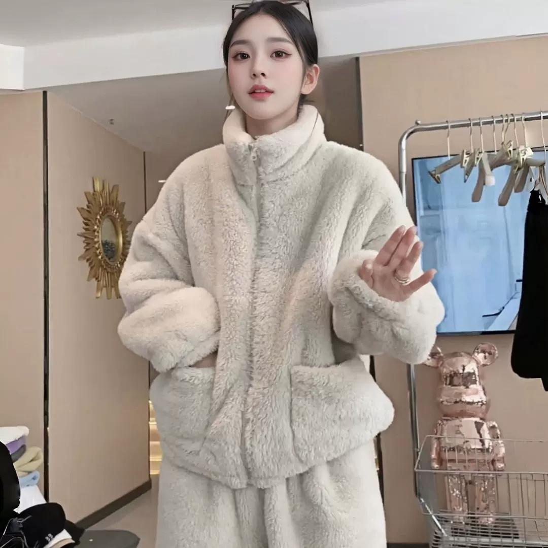 睡衣女士秋冬珊瑚加绒保暖中等厚套装拉链休闲家居服可外情侣高领