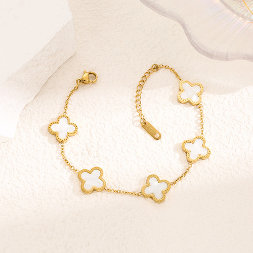 Lucky Four-Leaf Clover Pearl Bracelet 18K Gold Colorfast Influencer High-End Style Titanium Steel Stainless Steel Necklace