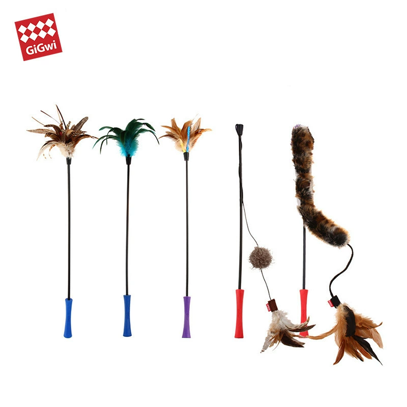 GiGwi — это игрушка для кошек, удочка для дразнения с волшебными цветными полосками и синими перьями, ручная игрушка-удочка с перьями для кошек.