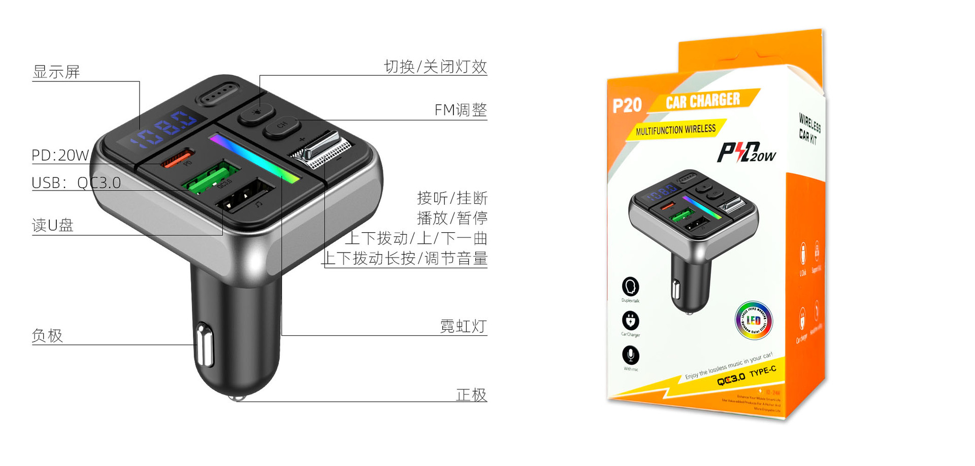 P20 car charger blue mp3 play FM FM noise reduction call type-c fast charging atmosphere light car cigarette