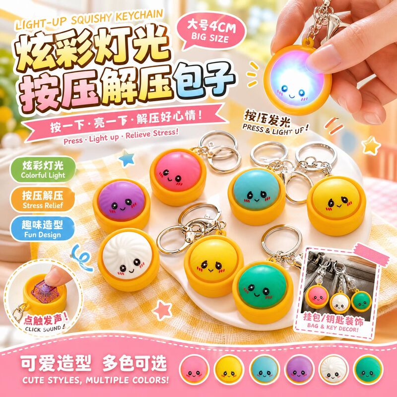 Large 4cm realistic bun toy with colorful lights, press-to-relax toy, squishy keychain pendant, fun bun
