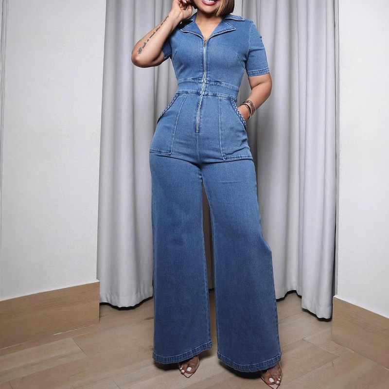 Women's Loose Short Sleeve Denim Overalls Street Style Full Length Straight-Leg Pants Washed Blue Wide Leg Jeans One-Piece