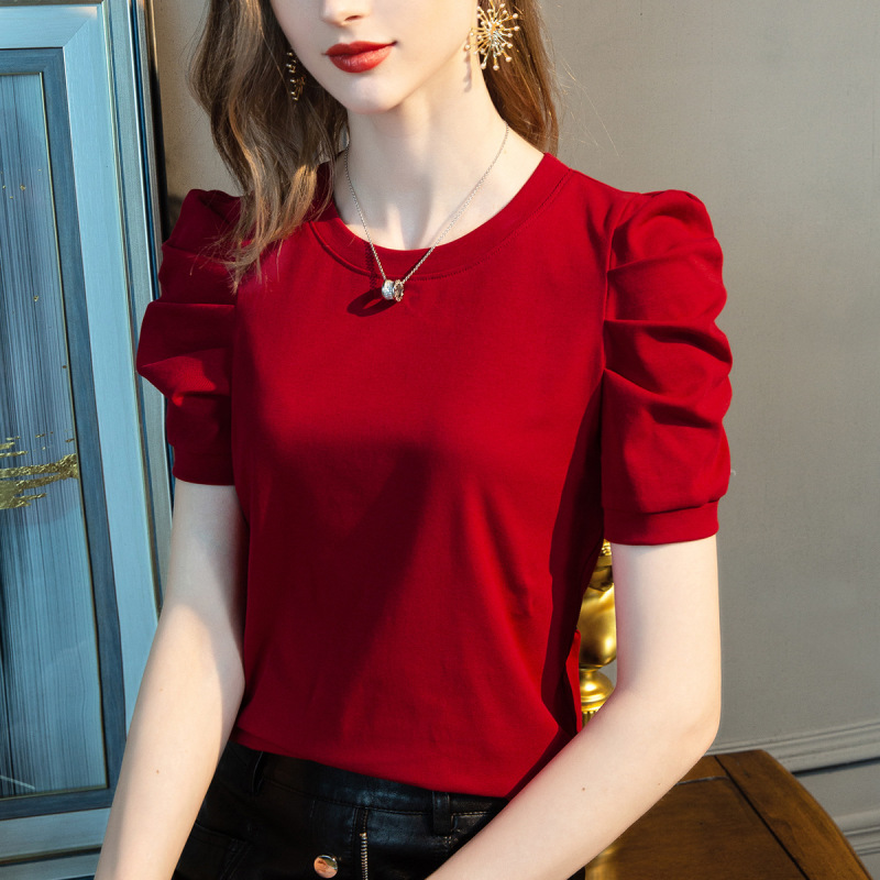1688 clothes wholesale short sleeve T-shirt women's new solid color half sleeve cotton T-shirt pleated bubble sleeve design top women 1688 clothes wholesale short sleeve T-shirt women's new solid color half sleeve cotton T-shirt pleated bubble sleeve design top women