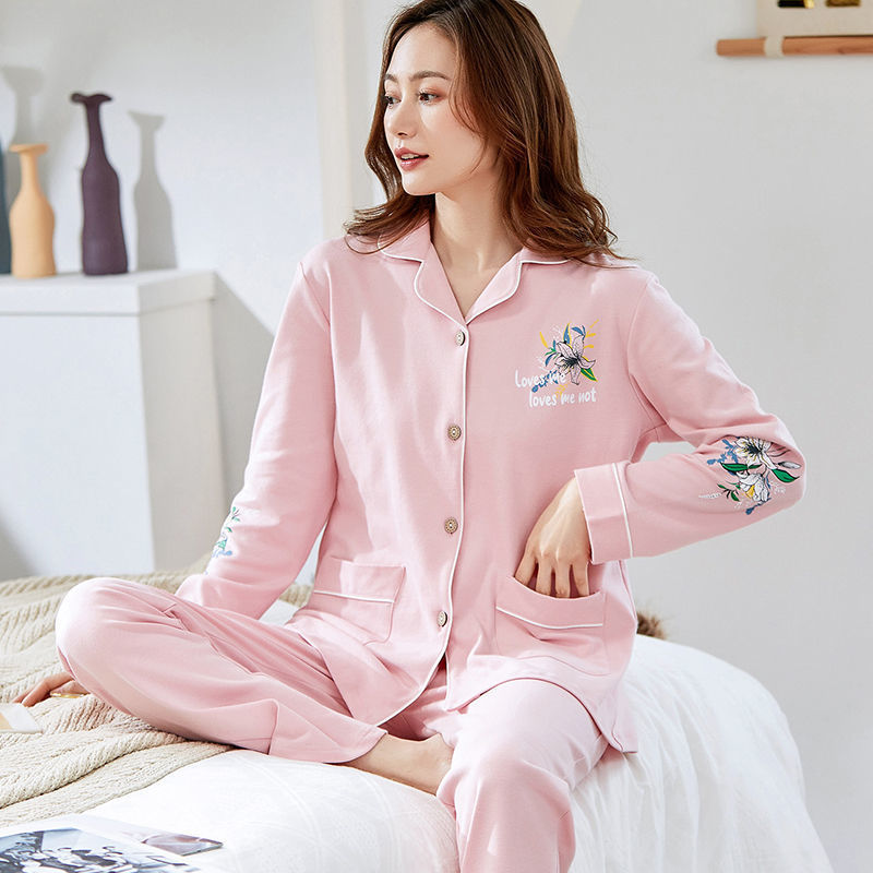 Nueva primavera y otoño manga larga más tamaño % pijamas de algodón para mujeres de mediana edad traje primavera cardigan homewear
