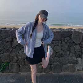 韩系连帽毛衣外套女2026秋冬新款简约复古慵懒感宽松针织开衫
