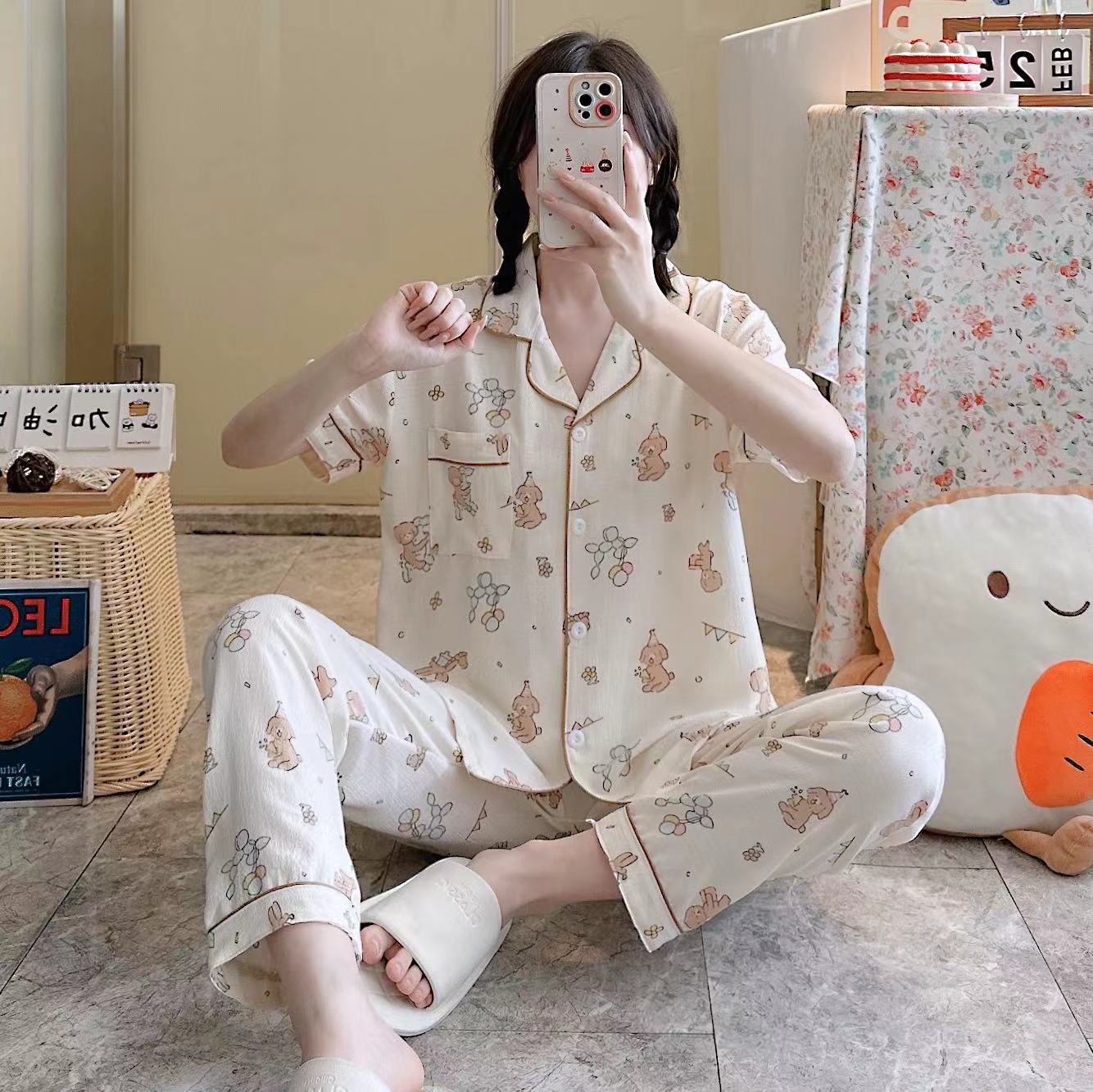 Pajamas de espuma tejidos de verano de algodón pantalones largos de mangas cortas ropa para el hogar de verano delgada de algodón conjunto de dos piezas