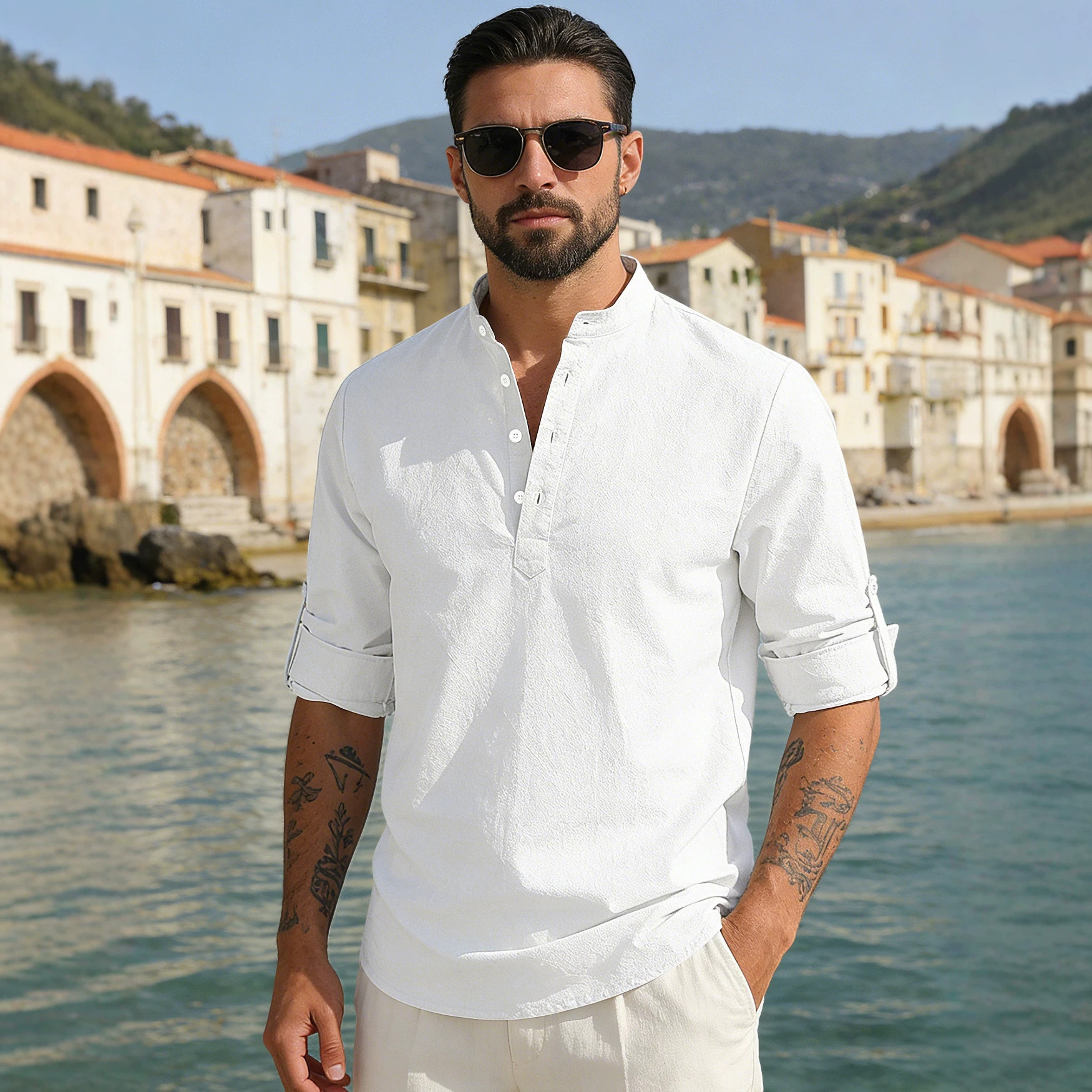 Nuevo cross-border camisa casual de hombre de moda de cuello de algodón y lino de manga larga camisa casual de color sólido para hombres