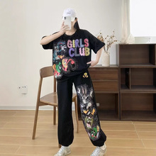 欧洲站2025女装圆领短袖印花T恤两件套秋高级感烫钻卡通大码套装