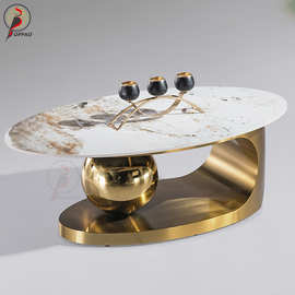 岩板茶几轻奢意式客厅家用椭圆形茶台小户型法式简约茶桌边几组合