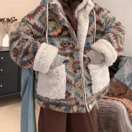 新品复古双面穿撞色羊羔毛短外套女秋冬新款宽松加厚两穿棉服