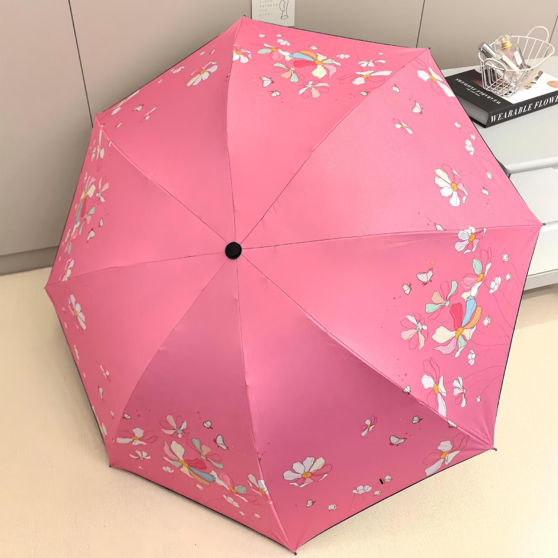 Sombrilla, de doble propósito para sol y lluvia, serie de flores, sombrilla plegable con revestimiento negro para protección solar.