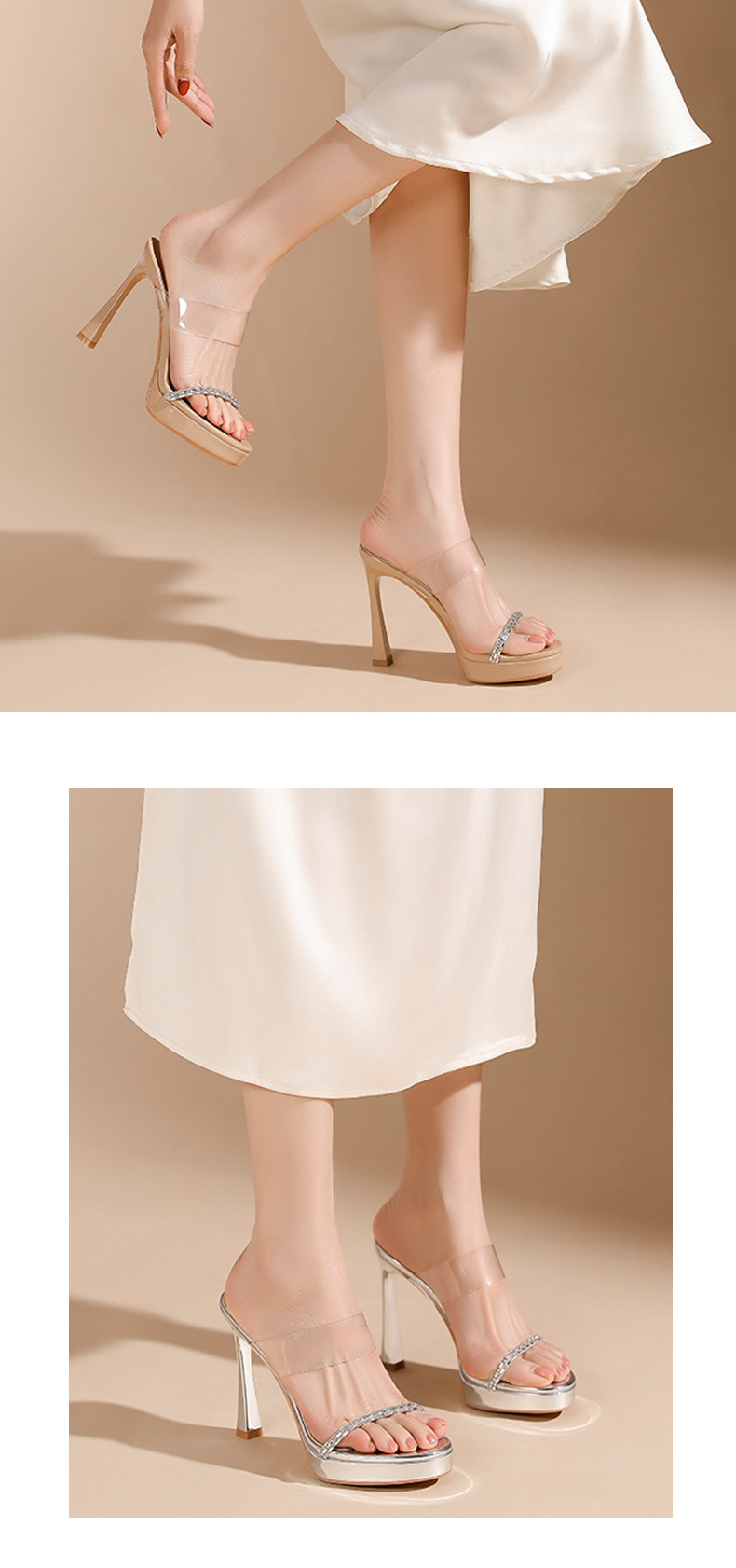 Sandal cao gót nữ quai ngang trong suốt, gót nhọn 9 cm, đế platform — trà sữa chi tiết 7