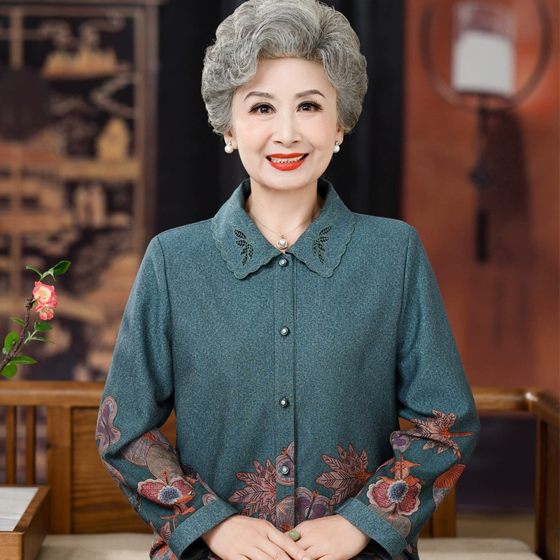 Мама одеваются осень 2024 новые рубашки женщины среднего и пожилого возраста тонкое пальто старушка с длинными рукавами бабушка весна и осень кардиган