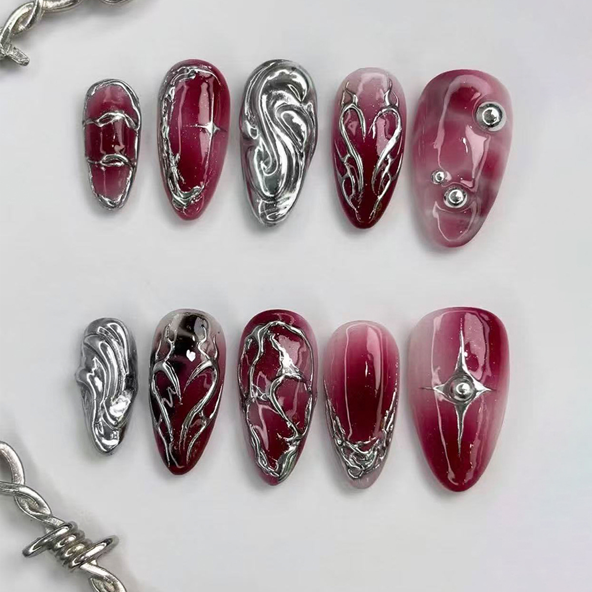 【Dark Gothic】Cross-border European and American Hot Girl Dark Red Sweet Cool Style Dark Night Silver Nail Art Wearable Nails Wholesale