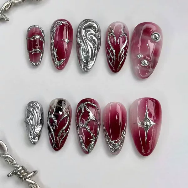 【Dark Gothic】Cross-border European and American Hot Girl Dark Red Sweet Cool Style Dark Night Silver Nail Art Wearable Nails Wholesale
