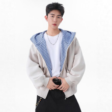 简恒秋冬撞色格子拼接假两件连帽卫衣外套男女设计感小众拉链开衫