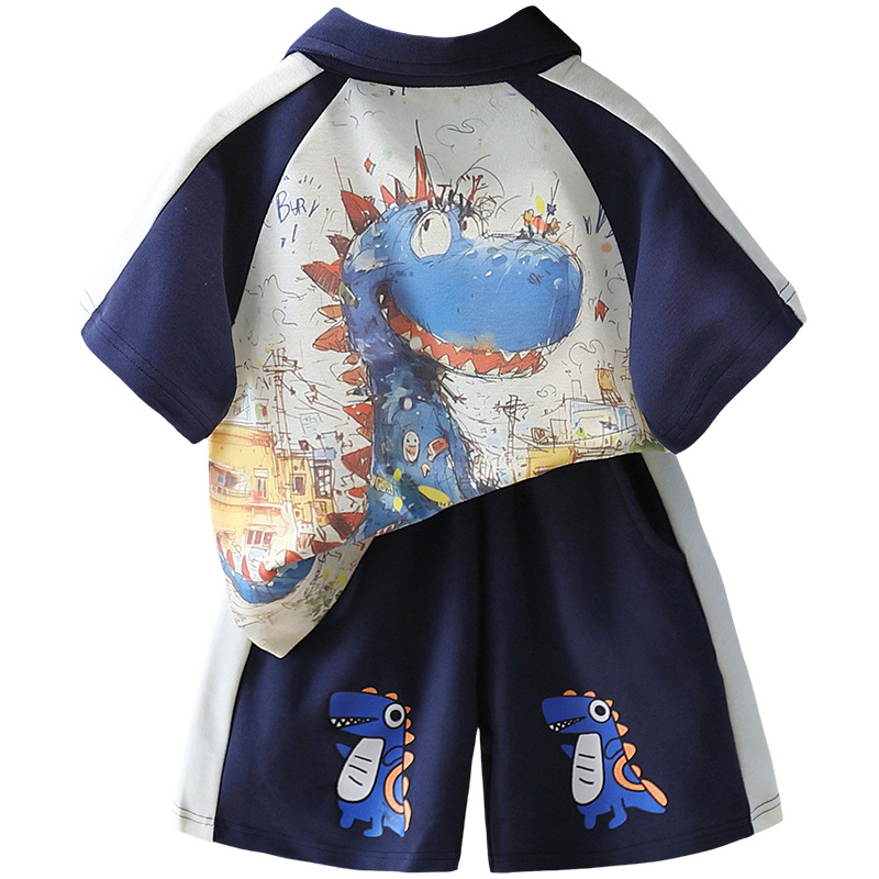 7405 Traje de verano para niños 2025 Nuevo estilo Niño guapo Verano Manga corta POLO Camisa con estampado de dinosaurios Traje de dos piezas