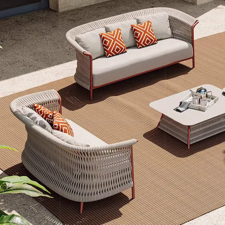 Casual sofá al aire libre tejido de cuerda de cáñamo mesa de té sofá patio al aire libre impermeable moderno sofá mesa de té