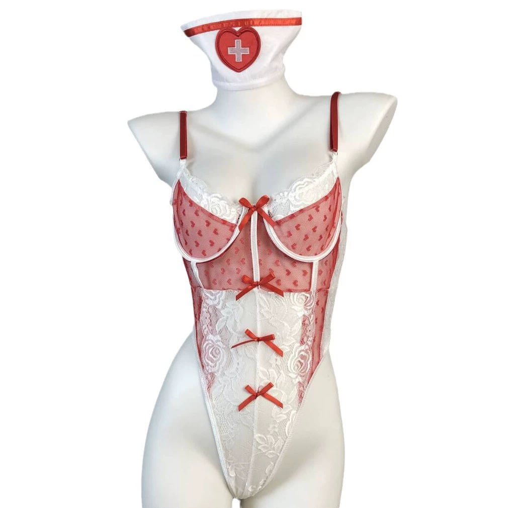 Сексуальное нижнее белье — новая чистая страсть медсестра, единый костюм, просвечивающая строчка кружевное бабочко-сердцевидное цельное сексуальное платье