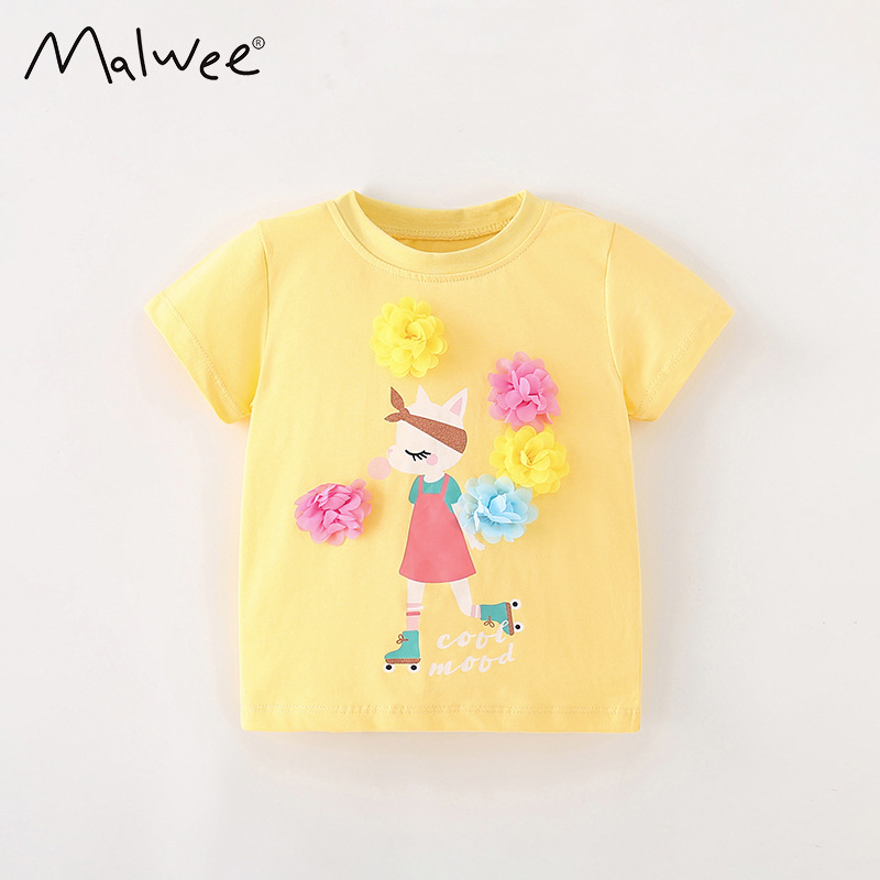 Malwee niñas de manga corta verano nuevo estilo europeo y americano niños pequeños y medianos cuello redondo casual linda niña camiseta top
