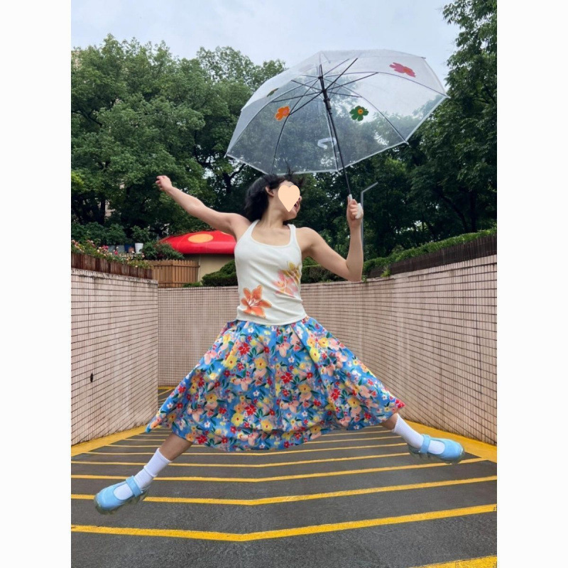女性用デザインプリントふわふわ花のつぼみスカート、女性用の新しいスタイルのカジュアルニッチ花柄プリントスカート|undefined