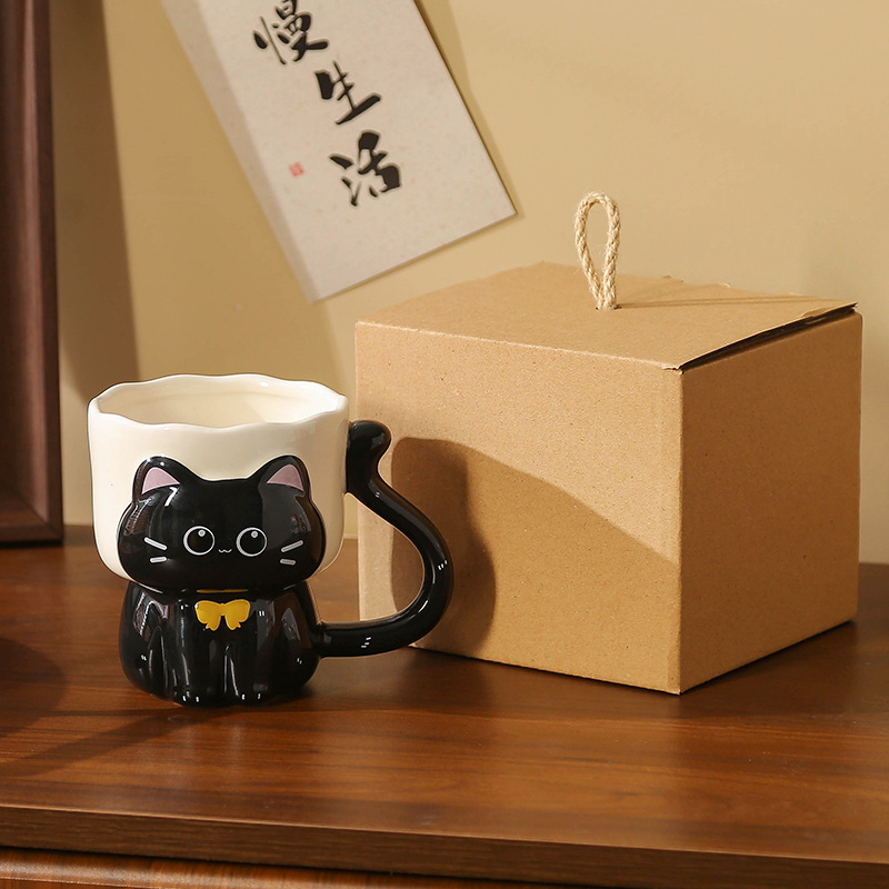 Taza Mug de Cerámica con Relieve de Gato Pintado Bajo Esmalte Resistente a Altas Temperaturas para el Hogar