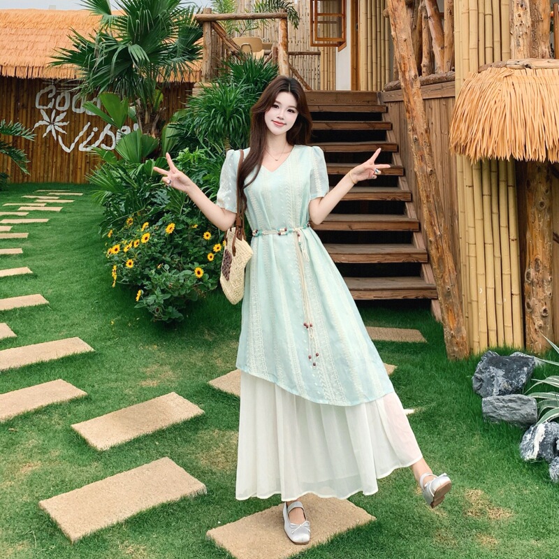Plus-Size Women's Clothing with Unique Design, Faux Two-Piece Waist-Cinching Dress, New Summer Bohemian Style Long Dress
