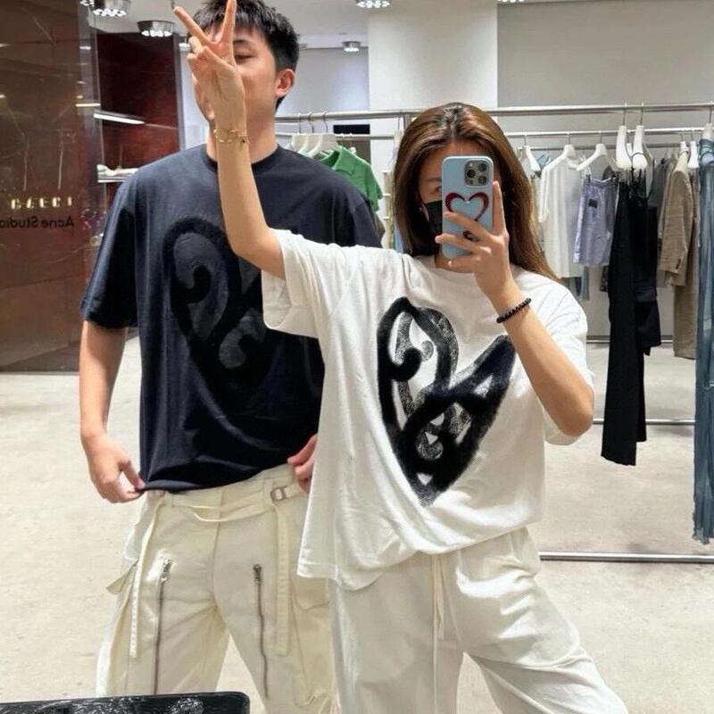 2025 Summer Ac New Limited Edition Heart Graffiti Print Letter Embroidery Loose-Fitting Unisex Short-Sleeved T-Shirt