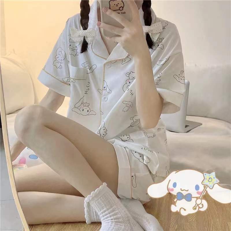 2025 lindo traje de pijama de lunares de oso de estilo ins para mujer cárdigan de cuello redondo de verano suelto y se puede usar en el hogar
