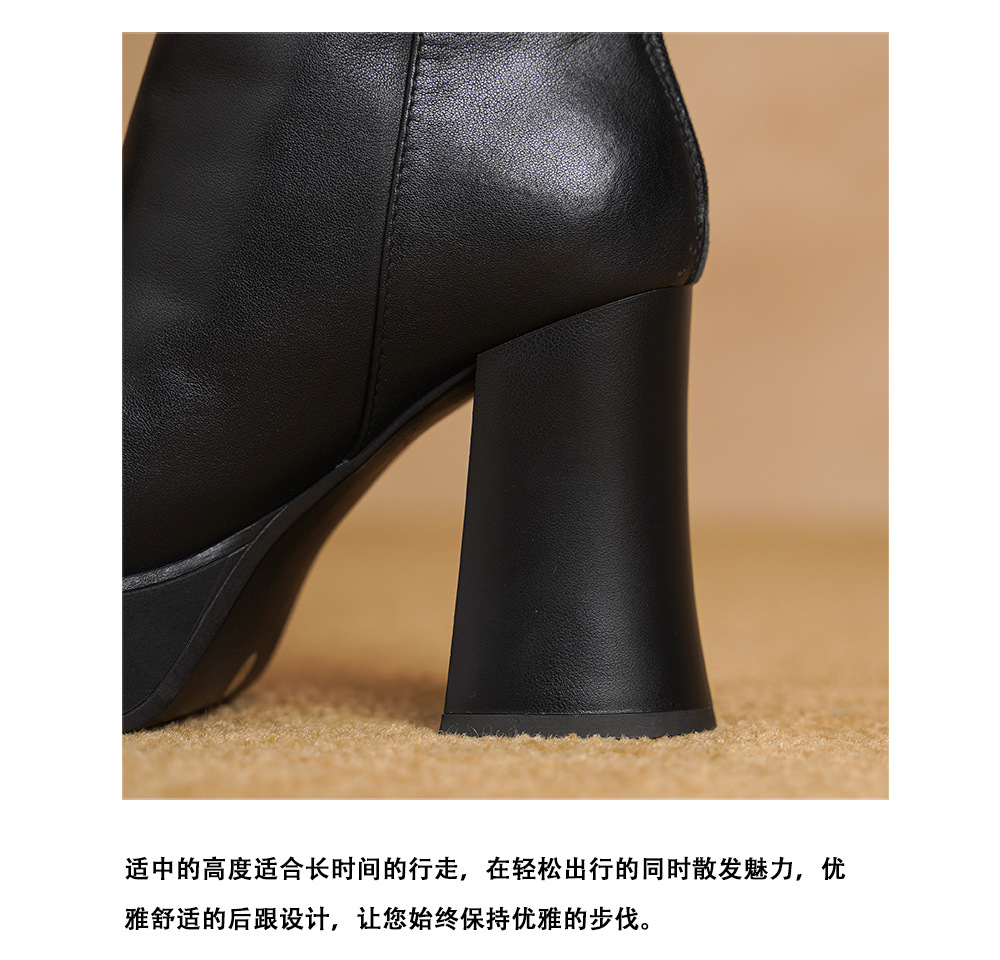 Boot nữ cổ thấp mũi vuông siêu cao gót da bò lót lông cừu ấm áp — màu đen chi tiết 20