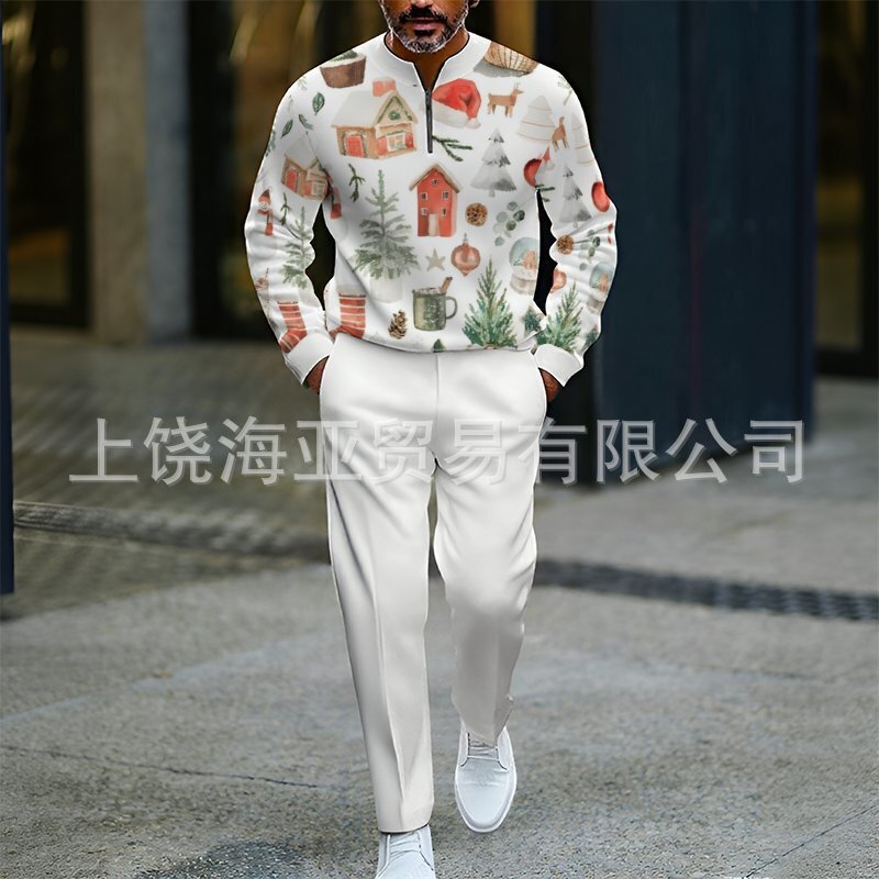 2025欧美跨境外贸秋冬热卖新款男士圣诞节数码打印套装男卫衣两件|undefined