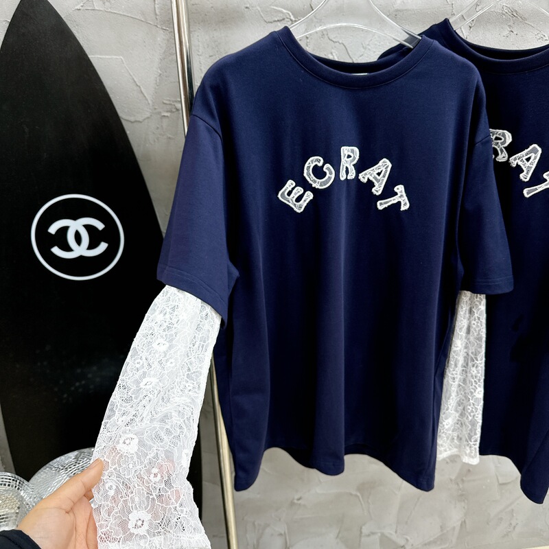 2025 Chunnan Oil High-quality New Embroidered Letter Loose Mid-length Sleeve Lace Stitching Fake Two-piece T-shirt for Women