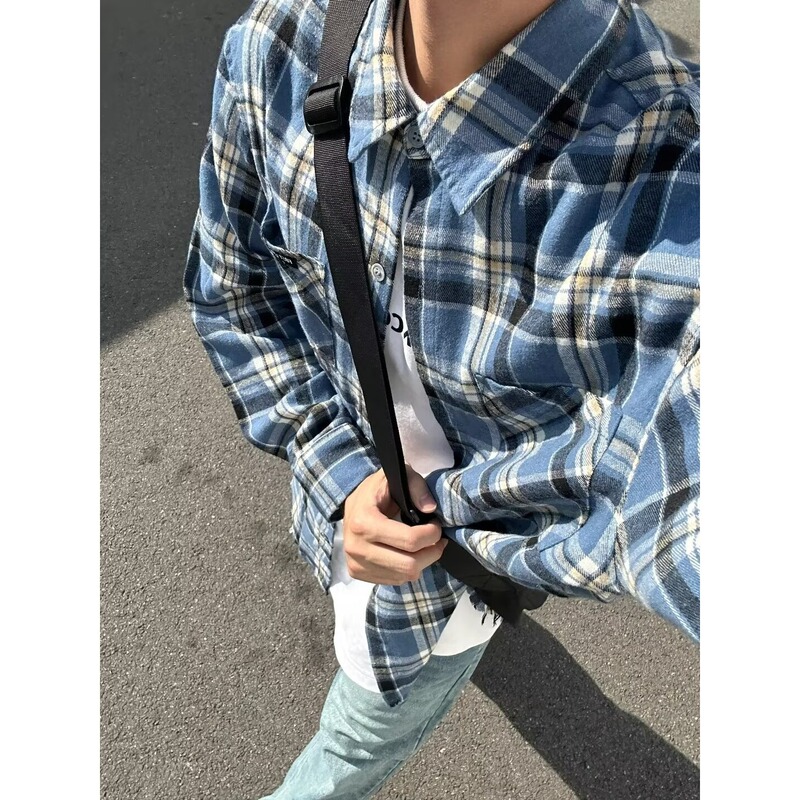 Factory Direct Sale Plaid Shirt Blue Long-Sleeved Shirt Men's Spring and Summer New Style Loose Plaid Lapel Shirt Jacket