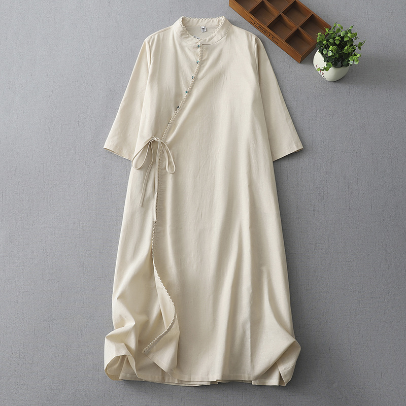 Real Shot of Ethnic Style Cotton and Linen Dress, Summer Knee-Length Slimming Artistic Style Lace Splicing Long Skirt, Improved Version of Cheongsam