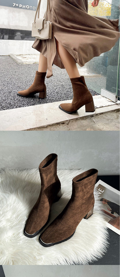 Bốt nữ ngắn mũi vuông gót dày 7 cm chất liệu da lộn phối cashmere — màu nâu, đen chi tiết 7