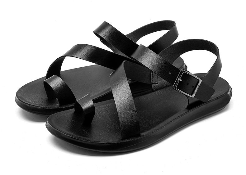Dép xỏ ngón nam da PU phong cách La Mã, dép đi biển thoáng khí đế dày 1,5 cm — màu đen, Đỏ nâu chi tiết 16