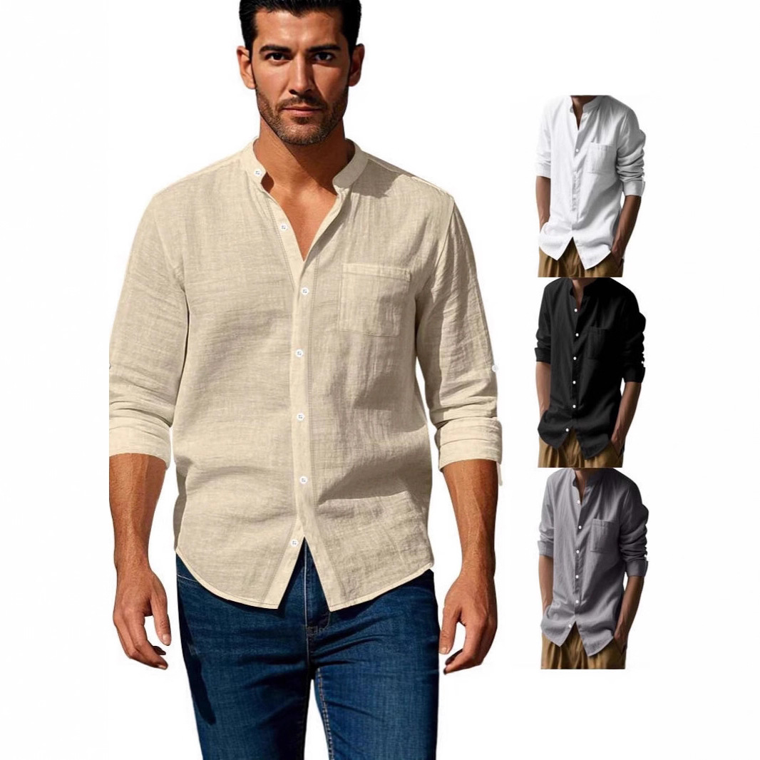 2025亚马逊跨境春秋新款衬衫长袖立领透气休闲男款新中式口袋衬衫