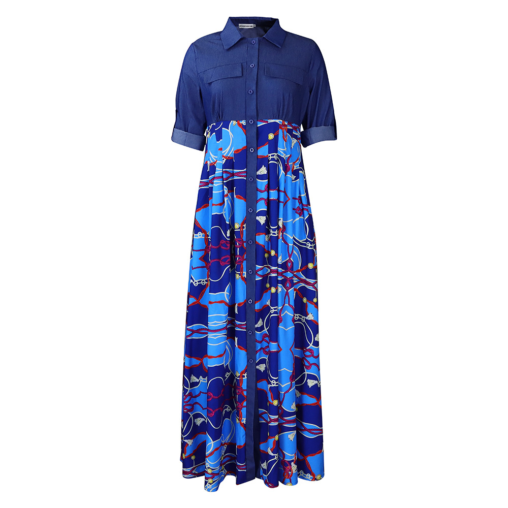 Abito da sera lungo da donna con stampa e dettagli in denim_voghion.com