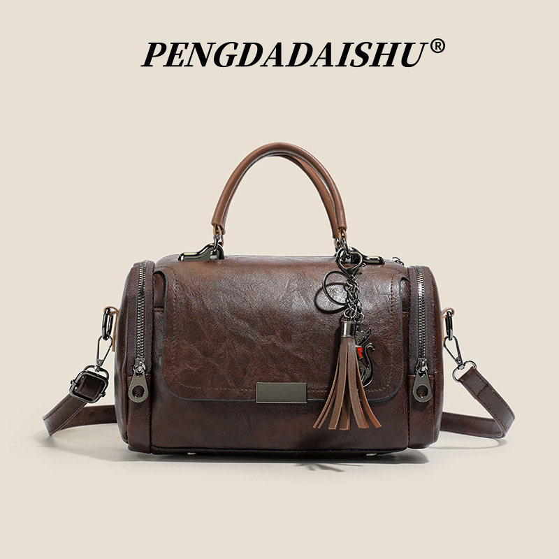 Retro Tassel Cylinder Bag Handbag Crossbody Bag Large Capacity Boston Pillow Bag Commuter Casual Women's Bag Versatile Style - Thumbnail 7