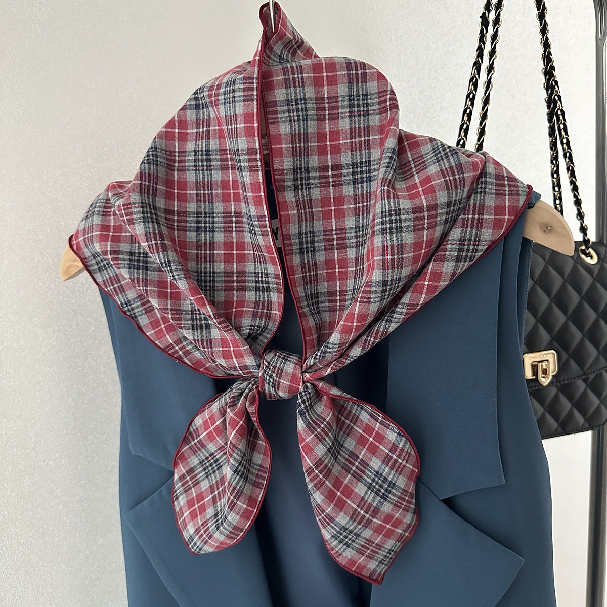 东大门圆角边纯棉三角巾女日韩系格子小领巾叠穿屁帘服饰搭配丝巾