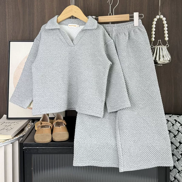 2025 European and American Loose and Simple Pure Color Casual Girls' Clothing Autumn and Winter New V-Shaped Lapel Long-Sleeved Pants Two-Piece Set