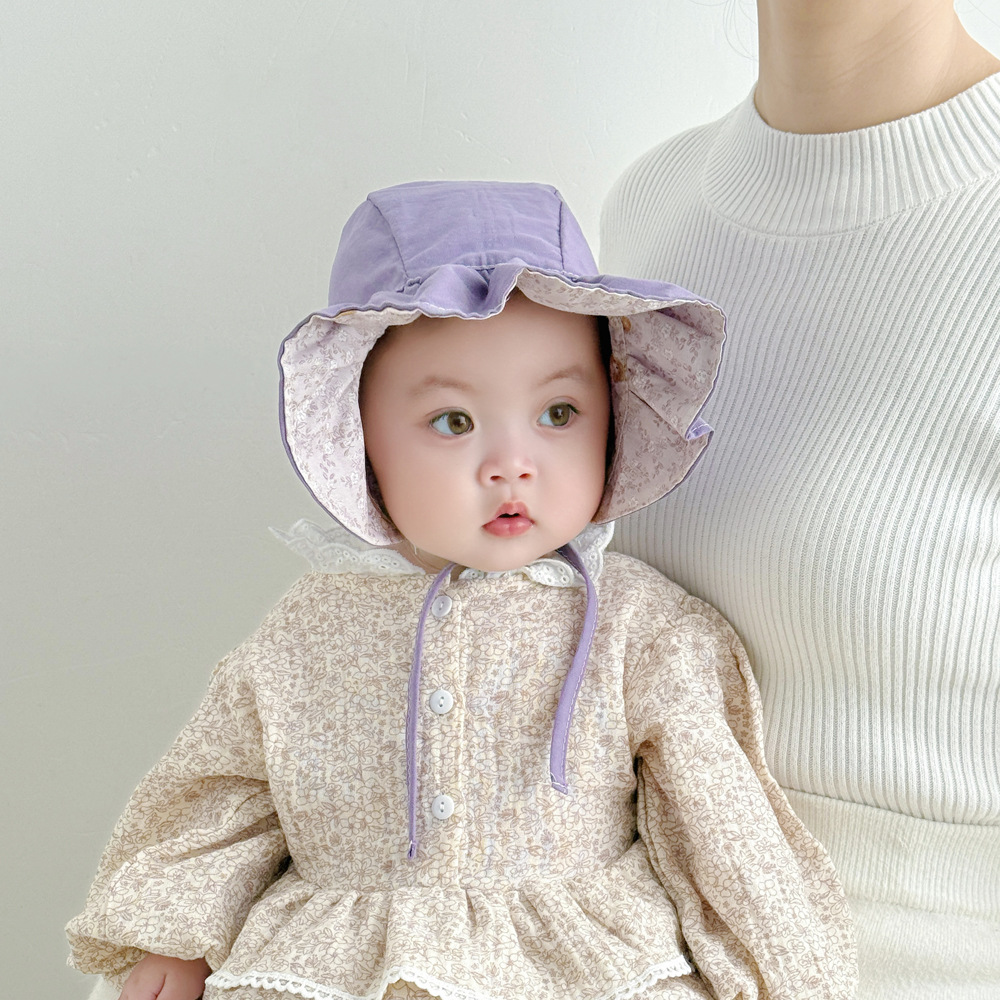Sombrero de sol informal para niños con protección UPF 50+, de 3 meses a 1 año, doble cara para rostro y cuello, estilo coreano, estampado floral, ala ancha, resistente al viento._voghion.com