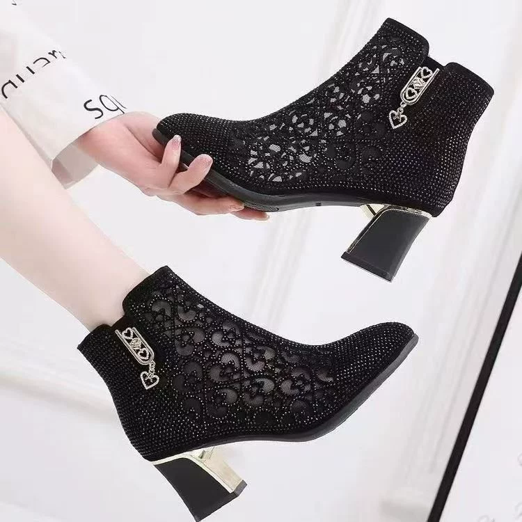 Женские ботинки 2025 года. Новая весенне-осенняя коллекция. Матовые ботинки на толстом каблуке с блестками, короткие, дышащие, из сетчатой ткани.