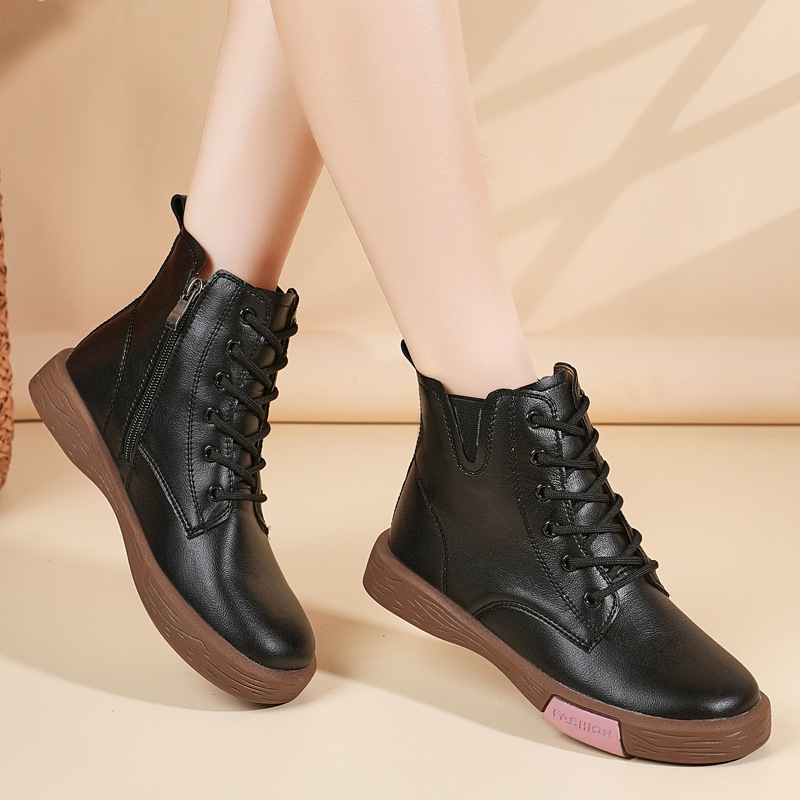 Zapatos de mujer Zhongfang2025 otoño y invierno nuevo cuero retro cordón medio botas cortas laterales con cremallera plana zapatos