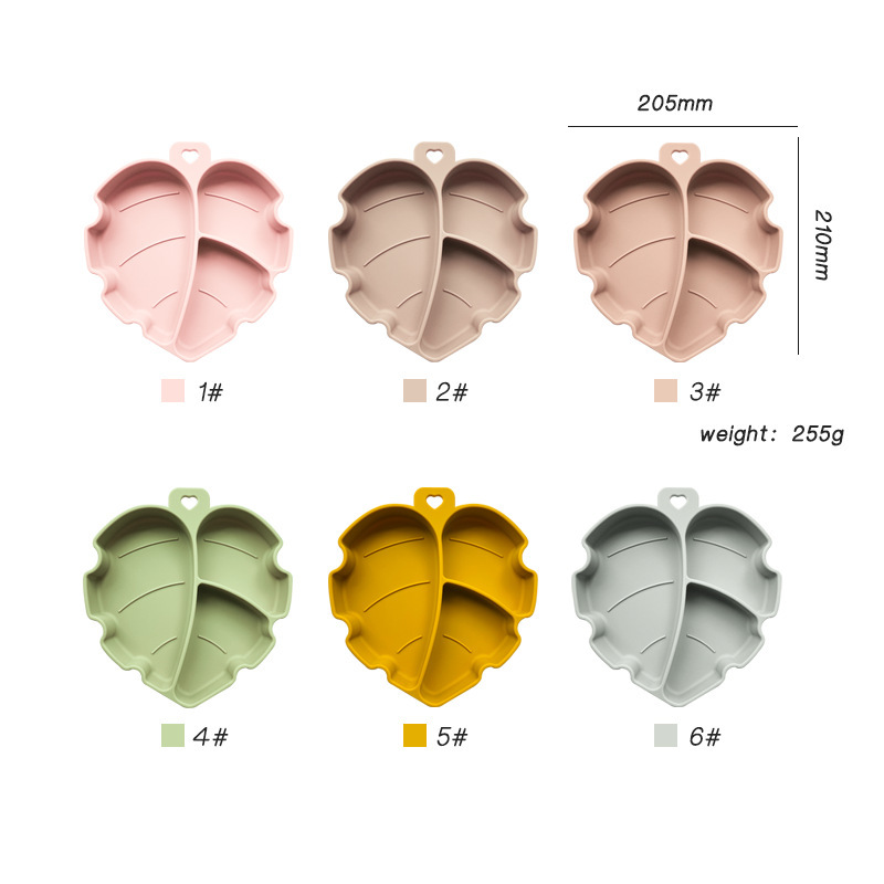 Three-compartment dinner plate for children to eat independently, large suction cup bowl, anti-tip silicone dinner plate, leaf baby food bowl