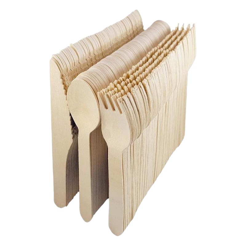 Juego de caja de papel desechable de madera de abedul de Amazon, cuchillo, tenedor y cuchara desechables de madera de abedul, artículos de cocina ecológicos y biodegradables.