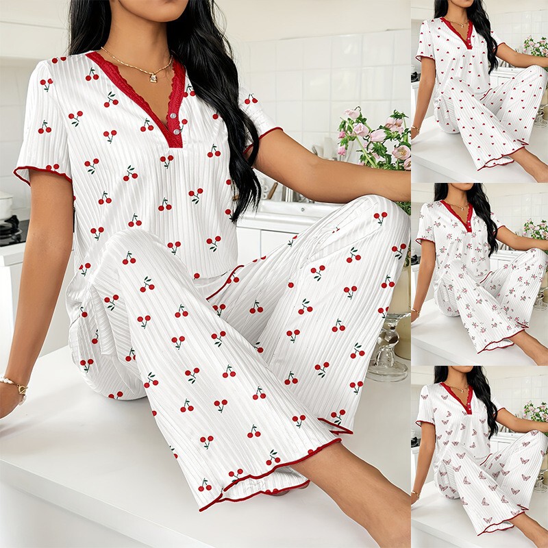 European and American Cross-Border Spring and Autumn Popular Printed Short-Sleeve Long-Pants Pajamas for Women, Comfortable Wide-Leg, Can Be Worn Outside, Women's Loungewear